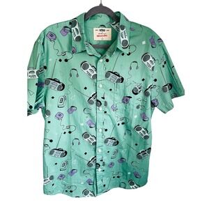 Urban Pipeline Mens Large Mint Green‎ Boombox Retro 90s Print Button Down Shirt